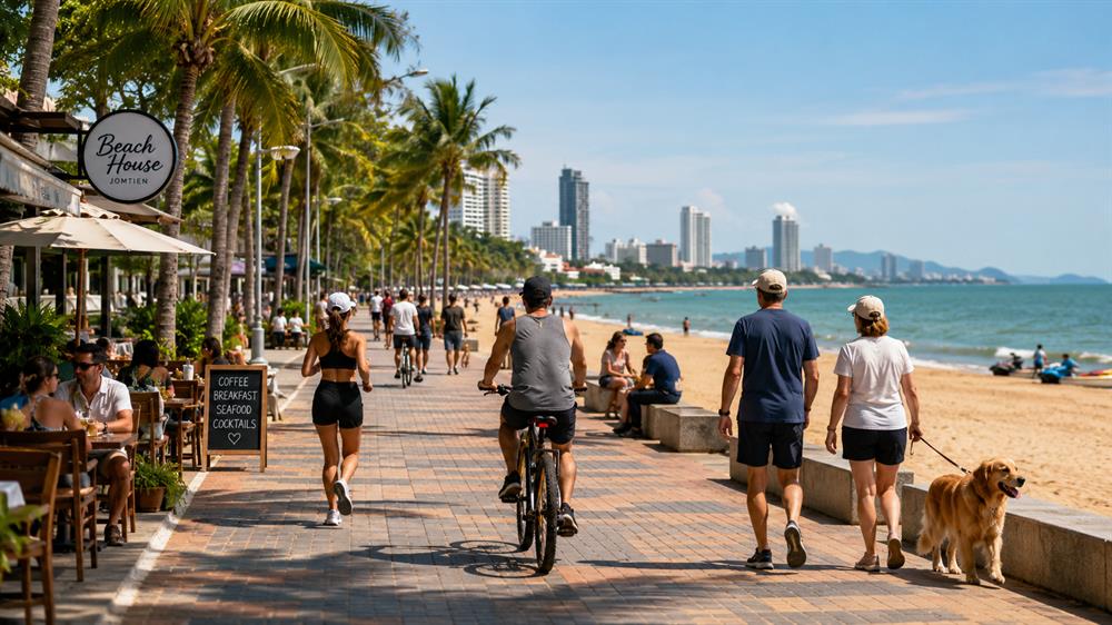 Families, pet owners, and residents enjoying beachfront lifestyles and outdoor activities in Jomtien Beach, Pattaya.
